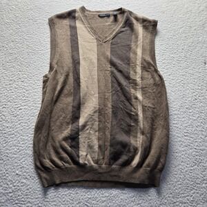 Van Heusen Studio Sweater Vest Mens XL Brown Stripe 100% Cotton V Neck Knit